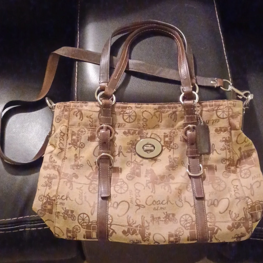Coach brown canvas shoulder handbag purse leather straps hangtag Vintage - Picture 1 of 8